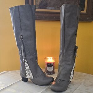 Never Worn! Gray Knee-High Boots with Lace Detail, Size 10
